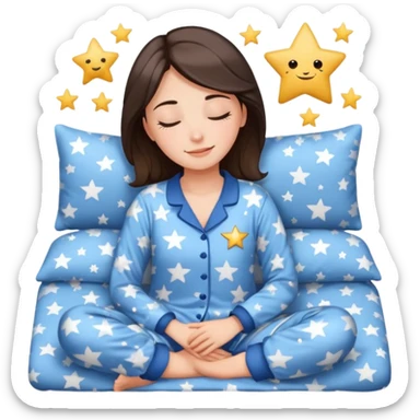  "type": "human",
      "look": "woman in star-print pyjamas, soft blue set, sleepy smile", sticker