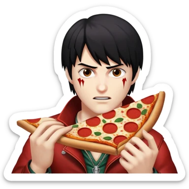 dante from devil may cry 3 eating a pizza image size 32x32 aspect ratio 1:1 sticker