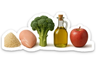 Riso basmati
Petto di pollo
Verdura fibrosa verde
Olio EVO
Mela
vista frontale, iperrealistico 4k sticker