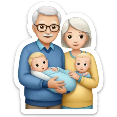 Grandparents holding a newborn with a 8 year old boy and a 5 year old girl standing next to them sticker