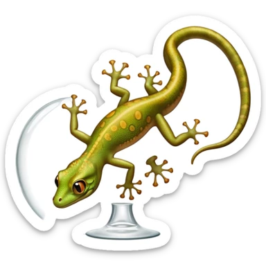 cinematic-gecko-realistic-full-body-climbing-emoji,-tiny-agile-frame-sticking-to-a-glass-surface-with-specialized-toes,-smooth-speckled-skin-in-rich-earthy-tones,-large-glistening-eyes-wide-and-watchful,-delicate-curved-tail-balancing sticker