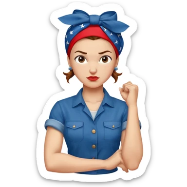 Rosie the Riveter, determined face, red bandana, blue shirt sticker