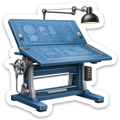 An icon featuring an engineering drafting table with a blueprint, a ready machine, and microchips, symbolizing engineering. The design includes gears, tools, and circuit boards, representing the design, creation, and innovation in technology. Transparent background highlights the science of building sticker