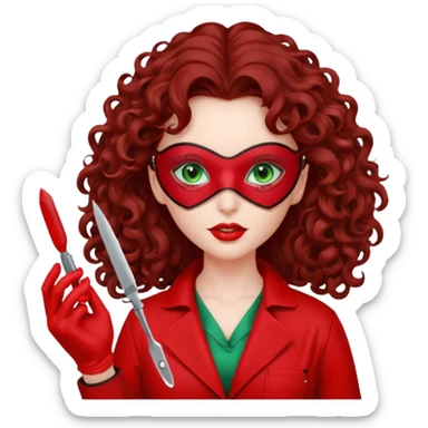 Lilith sexy evil woman. She has green eyes.  had brown long curly hair.  evil surgeon kills with scalpel wears red sexy doctor coat with red long mouth cover red gloves.  sticker