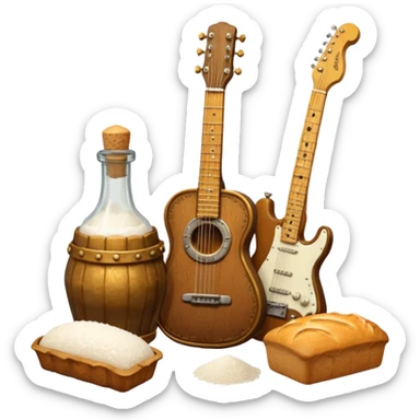 steampunk victorian - a bottle of salt (salt shaker) and a loaf of peasant bread with a small electric telecaster guitar - still life composition sticker