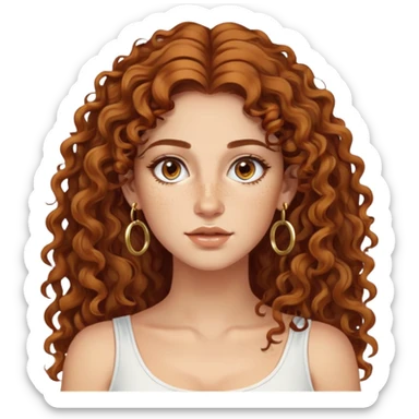 Attractive Greek woman with wide face, freckles, long curly amber-brown hair and gold hoop earrings sticker