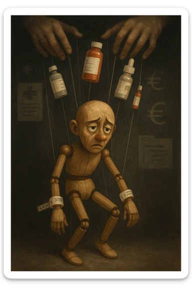 a marionette puppet with hospital bracelets and medication bottles as strings is controlled by unseen hands from above. The puppet’s face shows confusion and fatigue, representing the feeling of being managed by an invisible system. The background is dark, with faint images of medical charts and euro signs. in italiano sticker