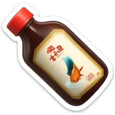 a bottle of fish sauce with a fish swimming on the tag, fish sauce is pouring out of the bottole sticker