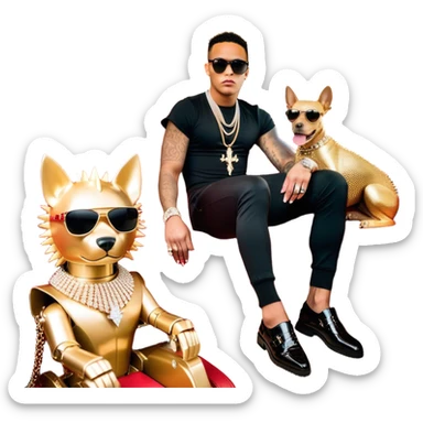  Celebrity Internet Marketer & His Peruvian IG Model Hot Girlfriend: Known As Josh King Madrid, Designer Fit, 3 Diamond Tennis Chains, Golden Sparkle Private Jet Parked Behind Him, Seated On A Massive Gold Throne, Sunglasses On, Famous Instagram Bikini Model Tefi Valenzuela On His Lap, AI Robot Dog Next To His Spiky Diamond-Crusted Louboutin Red Bottoms. Emoji style  sticker