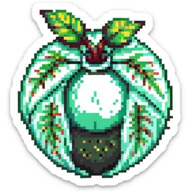 Green digital bomb animation frame 1, round bomb body with green highlights, full-length leaf-shaped fuse at top, nature-inspired design, pixel art style sticker