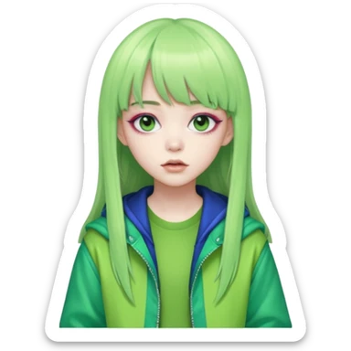 portrait-of-a-green alien-k-pop-idol,-wearing-a-stylish-streetwear-outfit-with-layered-colorful-clothing,-long-hair-with-bangs,-makeup,- sticker