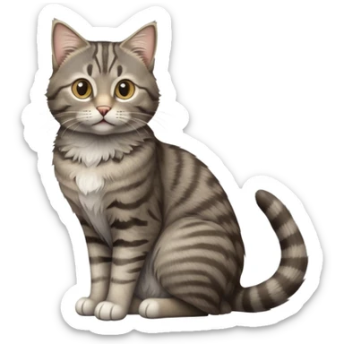 cinematic-[grey brown tabby cat]-realistic-full-body-sitting-emoji,-tail-curled-playfully-around-its-paws,-head-tilted-dramatically,-scruffy-[grey]-fur,-simplified-yet-realistic-focused-features,-highly-detailed,-glowing-with-an-almost-sarcastic-glow sticker