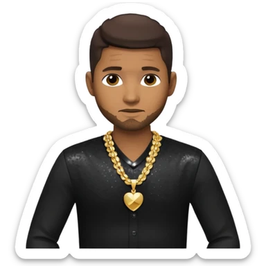 Usher with dark brown hair, black sequin dress shirt with necklace and chest out sticker