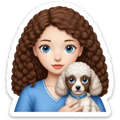 beautiful brown haired girl with blue eyes holding a white javanese poodle  sticker