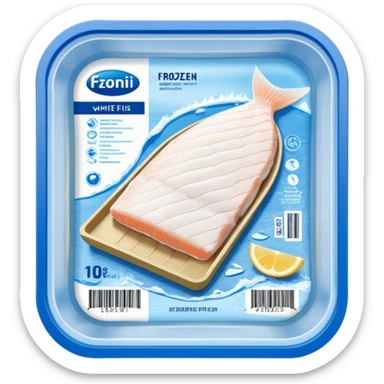 A vacuum-sealed plastic tray containing frozen white fish fillets, covered with thin layers of frost. The packaging has a clear window showing the fish, and a blue label with product details and a barcode. Realistic supermarket freezer setting with cold mist and LED lighting. sticker