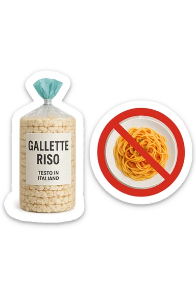 confezione di gallette di riso con accanto un piatto di pasta con divieto sopra, in italiano,  realistici sticker