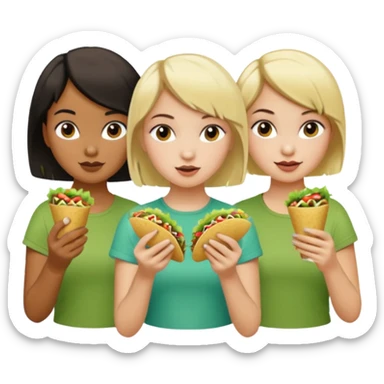 3 girls eating tacos. One white girl with a short dark bob haircut, one dark olive skin with a pony tail, one white with long blonde hair sticker