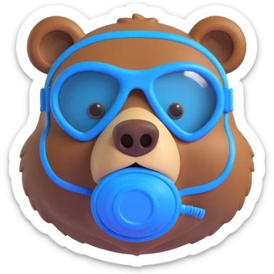 brown bear with a blue snorkeling mask, playful sticker