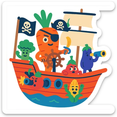 pirate ship crewed by living vegetables, captain is a giant carrot wearing an eyepatch, colorful absurd style, no text sticker
