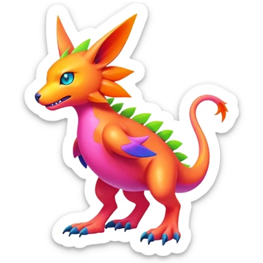lush warm-colored modern colorful neon-colored Fakémon-Digimon-Fionbri-Trico-creature (full body) sticker
