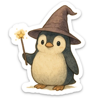 a cute penguin wizard with a pointy hat and a magic wand, ghibli style sticker
