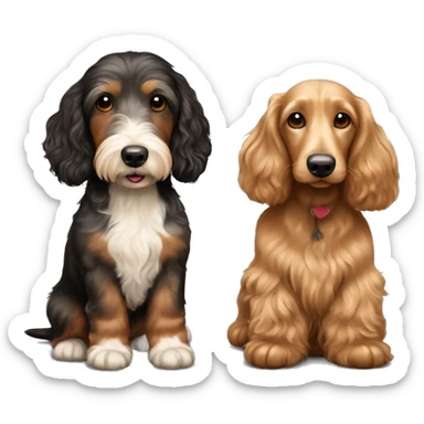 Brown golden doodle and black and tan and cream longhair dachshund sitting together  sticker