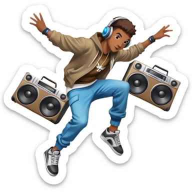 Icon for Street Dance: a dancer in urban streetwear performing a dynamic lower breakdance move, with a spray-painted background, headphones, and a boombox on the asphalt. The icon should capture the energy, style, and creativity of street dance culture. Transparent background. sticker