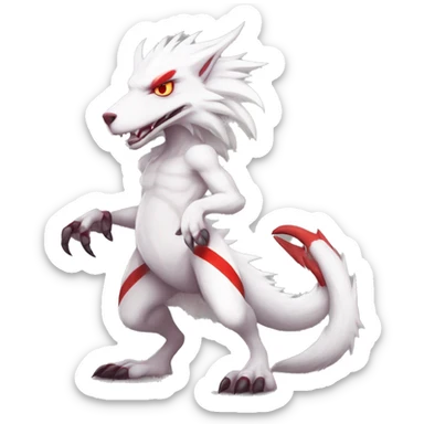 White edgy cute badass epic anthro modern albino sergal-vernid-Fakémon with red mane and red eyes with red edgy stripes, full body sticker