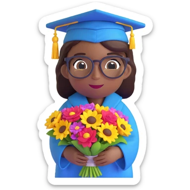 African American graduate emoji, with glasses, holding a bouquet, in cap and gown sticker