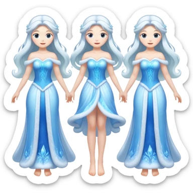 An ice Snow Maiden character with two arms and two legs, full body, front view, back view, side view, three-quarter view, consistent character design, translucent ice material, winter fairy tale style. sticker