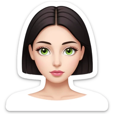 Front-facing portrait of a young woman with fair glowing skin, symmetrical features, light green almond-shaped eyes, long lashes, soft arched brows, straight refined nose, and full natural pink lips. Dark sleek hair pulled back with a middle part.  sticker
