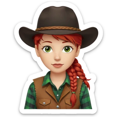 cowgirl with red hair in one braid over shoulder, green eyes, black hat  sticker