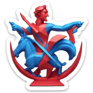 A Sagittarius sculpture with a geometric, faceted design. The Sagittarius is standing upright with angular and baroque features. The vibrant red with blue accent flame colors highlights the sharp edges and planes. sticker