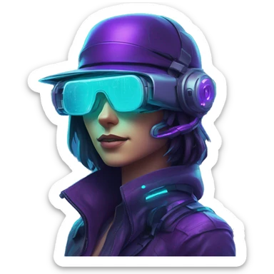 Secret human agent in a hat with  cyberpunk elements in Apple VR googles scanning looking reviewing multicolor lines of code, cyan and purple colors, only upper body portrait sticker