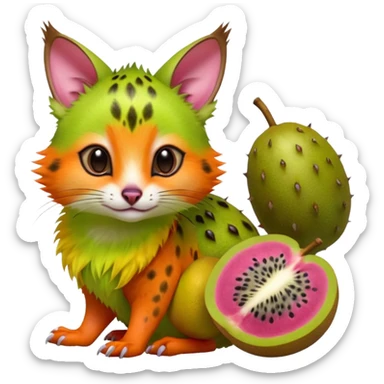 Hyper realistic  tropical-fruit-splash-colored fur of kiwi-green-lime-green-gradients, papaya-orange, and dragonfruit-pink chaos beautiful elegant pretty precious cute  Fakémon-Pokémon-opossum-feline-serval-caracal-chinchilla-Furret-Minccino-hybrid-creature with a big fluffy bushy tail (full body) sticker
