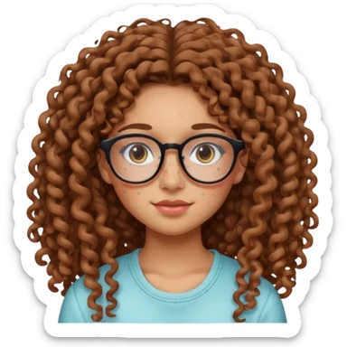 make a really curly hair, teen girl with glasses and little acne that looks like freckles longer like more than shoulder lengthcurly hair, and pretty withe makeup on giving clean girl vibes, and make her have tan skin more blush and really pretty, and the har is really really long

 sticker