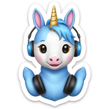 Unicornio bebé azul sentado escuchando música con auriculares negros sticker