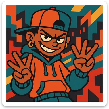mischievous character with a smirk, both hands showing the YVL hand sign, hip-hop style, energetic vibe, urban color palette sticker