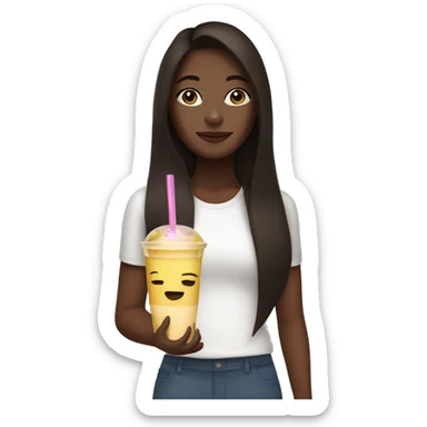 Dark brown haired girl with medium straight hair holding a smoothie and has a face mask on sticker