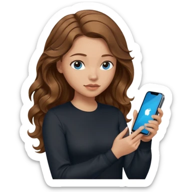 generate a pretty woman with blue eyes, light skin and medium brown long wavyshiny hair holding a phone she is looking at the phone while looking down at the screen. she is wearing an ALL black long sleeve sticker