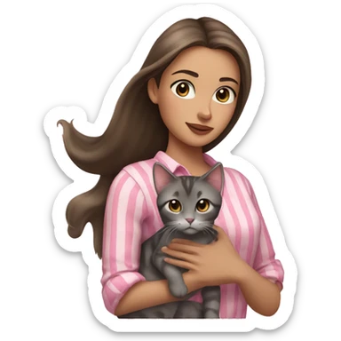 Brunette girl with straight hair in a pink blouse, holding a gray, striped, brown-eyed cat with a bow in her arms sticker