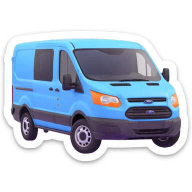 electric light blue Ford Transit passenger van, side profile, front facing right sticker