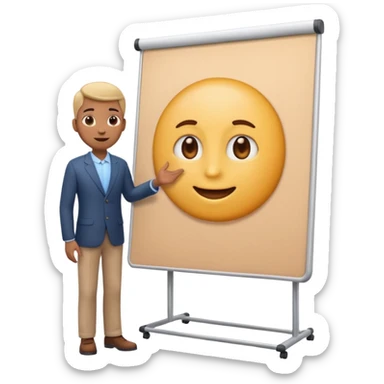 A clean emoji-style illustration of a person giving a presentation, standing next to a large presentation board on a stand, the board is oversized and clearly visible, no podium, no desk, no table, friendly proportions, soft 3D emoji style sticker
