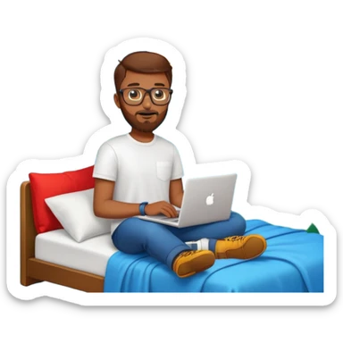 young man with short brown hair, gold-rimmed glasses, beard, white t-shirt, holding a red book, surrounded by polished emoji icons: orange bike, laptop, hiking boot, climbing wall, bed with blue blanket and moon-and-stars, green tree sticker