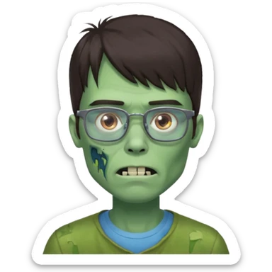 an emoji of a male green zombie with dark brown hair and female bangs that cover your entire forehead and extend to your eyebrows, wearing square, bluish glasses. sticker