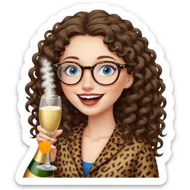 a blue eyed woman with very long brunette curly hair, full lips,and really pale skin. She is wearing a leopard printed thin round-ish glasses . She is wearing fully brown clothes. She is celebration sth with a bottle of champagne and laughing sticker