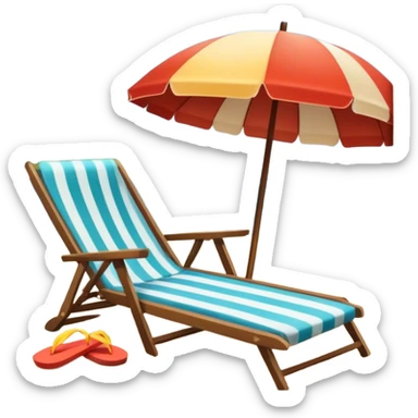 Icon for Beach Tourism: a sandy beach with a ocean skyline in the background, lounge chair, sun umbrella and flip-flops. The icon should capture the relaxation and fun of a beach vacation. Transparent background sticker