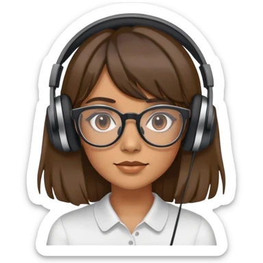 Woman with balayaged brown hair and curtain bangs and her glasses on with headphones sticker
