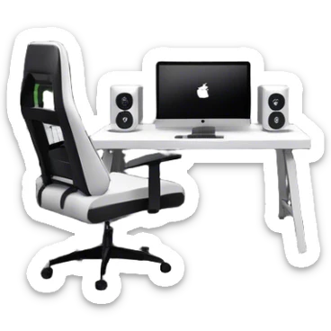 An isometric 3D room with two walls that meet at the back left and right. The floor is made of gray wood. The room is decorated in a modern black and white style. In front of the window is a wide desk with a large monitor and an open laptop, with a black gaming chair next to it. sticker