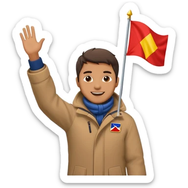 a cheerful man stands on a mountain with some snow, waving a flag sticker